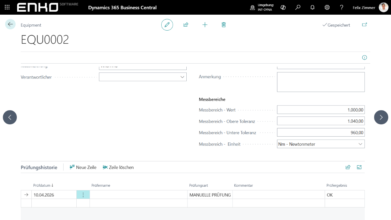 Screenshot aus Microsoft Dynamics 365 Business Central Equipment Management